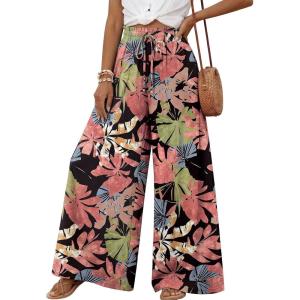 image:imageLILLUSORY Women Elastic Casual High Waist Wide Leg Pants 2026 Summer Long Palazzo Pant with Pocket Beach Vacation ClothesRed Print