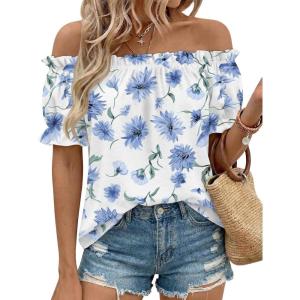 image:imageLILLUSORY Women Summer Off the Shoulder Flowy Top Short Puff Sleeve Dressy Casual Blouse 2026 Cute Vacation Resort Boho ShirtBeach Bloom