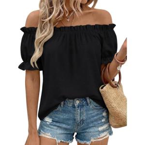 image:imageLILLUSORY Women Summer Off the Shoulder Flowy Top Short Puff Sleeve Dressy Casual Blouse 2026 Cute Vacation Resort Boho ShirtBlack