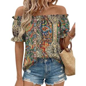 image:imageLILLUSORY Women Summer Off the Shoulder Flowy Top Short Puff Sleeve Dressy Casual Blouse 2026 Cute Vacation Resort Boho ShirtBoho Paisley