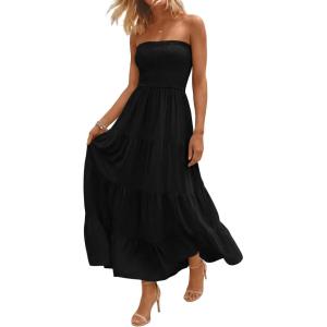 image:imageLILLUSORY Womens Summer Strapless Maxi Dress Smocked Flowy A Line Long Tube Beach Dresses with PocketsBlack