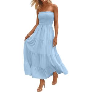 image:imageLILLUSORY Womens Summer Strapless Maxi Dress Smocked Flowy A Line Long Tube Beach Dresses with PocketsBlue