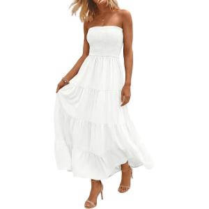 image:imageLILLUSORY Womens Summer Strapless Maxi Dress Smocked Flowy A Line Long Tube Beach Dresses with PocketsWhite