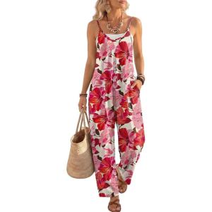 image:imageLILLUSORY Womens Jumpsuits Tropical Floral Print Boho Summer Overalls Rompers Cruise Outfits Beach Vacation 2026 Resort WearRed Floral