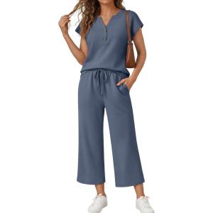 image:imageLILLUSORY 2 Piece Lounge Sets for Womens Airport Travel Beach Vacation Outfits Henley Casual T shirts and Wide Leg pantsBlue
