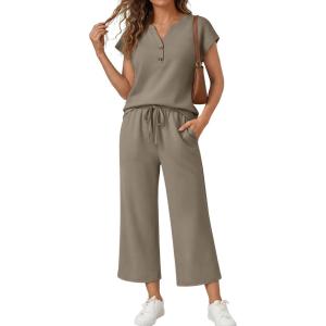 image:imageLILLUSORY 2 Piece Lounge Sets for Womens Airport Travel Beach Vacation Outfits Henley Casual T shirts and Wide Leg pantsCoffee