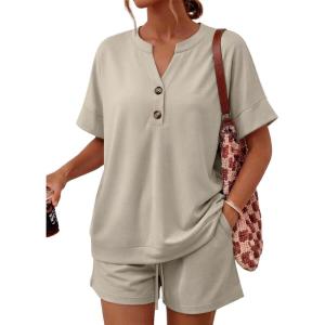 image:imageLILLUSORY 2 Piece Lounge Sets for Womens Airport Travel Vacation Outfits Henley Oversized T shirts and Sweat ShortsApricot
