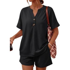 image:imageLILLUSORY 2 Piece Lounge Sets for Womens Airport Travel Vacation Outfits Henley Oversized T shirts and Sweat ShortsBlack