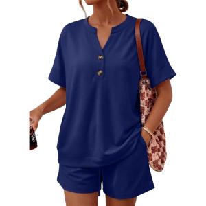 image:imageLILLUSORY 2 Piece Lounge Sets for Womens Airport Travel Vacation Outfits Henley Oversized T shirts and Sweat ShortsNavy Blue
