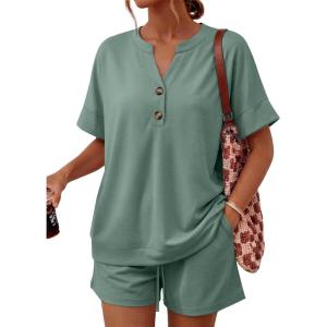image:imageLILLUSORY 2 Piece Lounge Sets for Womens Airport Travel Vacation Outfits Henley Oversized T shirts and Sweat ShortsSagegreen