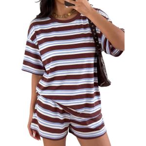 image:imageLILLUSORY 2 Piece Striped Set for Women Two Piece Lounge Sets Summer Outfits 2026 Oversized tshirts and ShortsBlue Brown Combo