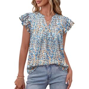 image:imageLILLUSORY Boho Short Sleeve Tops Floral Work Blouses for Women Dressy Casual ShirtsBlue White