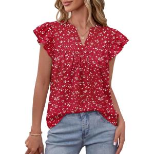 image:imageLILLUSORY Boho Short Sleeve Tops Floral Work Blouses for Women Dressy Casual ShirtsSpotted Red