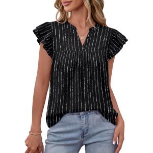 image:imageLILLUSORY Boho Short Sleeve Tops Floral Work Blouses for Women Dressy Casual ShirtsStripe Black
