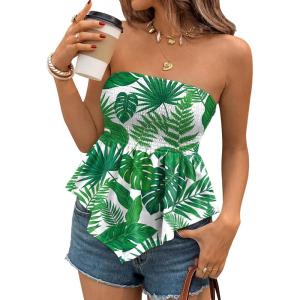 image:imageLILLUSORY Women Floral Elastic Trim Ruffle Hem Tube Strapless Tops Peplum Sleeveless Bandeau Tanks Boho Summer ClothesGreen Tree