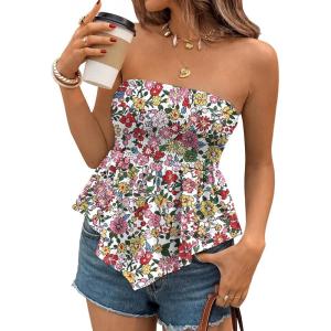 image:imageLILLUSORY Women Floral Elastic Trim Ruffle Hem Tube Strapless Tops Peplum Sleeveless Bandeau Tanks Boho Summer ClothesMulticolor Floral