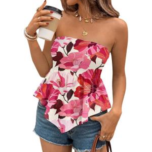image:imageLILLUSORY Women Floral Elastic Trim Ruffle Hem Tube Strapless Tops Peplum Sleeveless Bandeau Tanks Boho Summer ClothesWhite Red Floral
