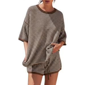 image:imageLILLUSORY Womens 2 Piece Striped Short Sets 2026 Summer Matching Lounge Cruise Beach Outfits Resort Wear Drawstring PajamaCoffee White Stripe