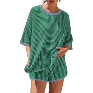 image:imageLILLUSORY Womens 2 Piece Striped Short Sets 2026 Summer Matching Lounge Cruise Beach Outfits Resort Wear Drawstring PajamaGrey Green Stripe
