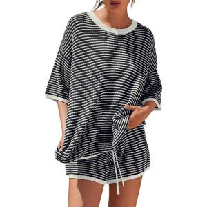 image:imageLILLUSORY Womens 2 Piece Striped Short Sets 2026 Summer Matching Lounge Cruise Beach Outfits Resort Wear Drawstring PajamaWhite Black Stripe
