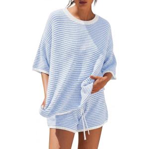 image:imageLILLUSORY Womens 2 Piece Striped Short Sets 2026 Summer Matching Lounge Cruise Beach Outfits Resort Wear Drawstring PajamaWhite Blue Stripe
