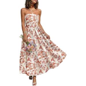 image:imageLILLUSORY Womens Floral Maxi Dress Smocked Flowy Sundress with PocketsBrown Red