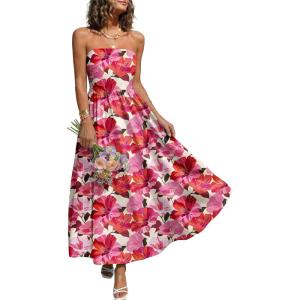 image:imageLILLUSORY Womens Floral Maxi Dress Smocked Flowy Sundress with PocketsRed Floral