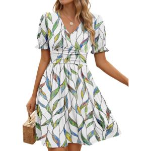 image:imageLILLUSORY Womens Summer Casual Dresses Short Sleeve V Neck Boho Dress 2026 Floral Printed Flowy Aline SundressesLeaves