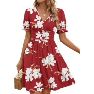 image:imageLILLUSORY Womens Summer Casual Dresses Short Sleeve V Neck Boho Dress 2026 Floral Printed Flowy Aline SundressesRed Print