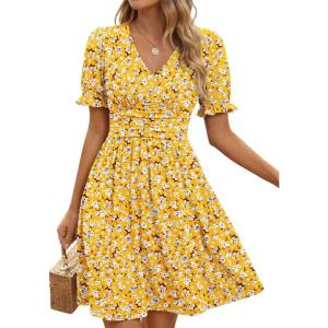 image:imageLILLUSORY Womens Summer Casual Dresses Short Sleeve V Neck Boho Dress 2026 Floral Printed Flowy Aline SundressesYellow Floral
