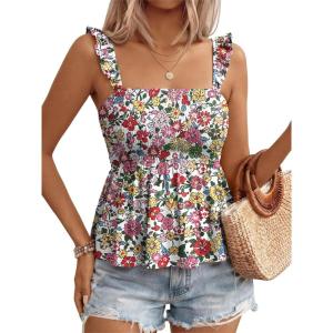 image:imageLILLUSORY Boho Floral Flowy Tank Tops for Women Summer 2026 Square Neck Ruffle Cute Babydoll TopMulticolor Floral