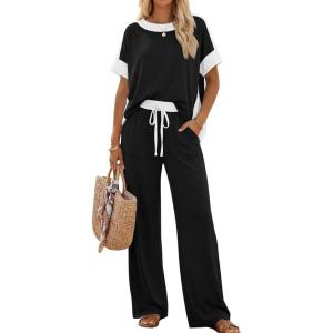 image:imageLILLUSORY Womens 2 Piece Lounge Sets Matching Travel Outfits Summer Causal Color Block and Wide Leg Pants Set Pockets 2026Black