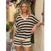image:imageLILLUSORY Womens Crochet Striped Short Sets Two Piece Summer Vacation Outfits V Neck Knit Beach Cover Ups Lounge PajamasBeige Black Stripe