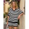 image:imageLILLUSORY Womens Crochet Striped Short Sets Two Piece Summer Vacation Outfits V Neck Knit Beach Cover Ups Lounge PajamasBlack White Stripe