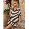 image:imageLILLUSORY Womens Crochet Striped Short Sets Two Piece Summer Vacation Outfits V Neck Knit Beach Cover Ups Lounge PajamasCoffee White Stripe