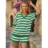 image:imageLILLUSORY Womens Crochet Striped Short Sets Two Piece Summer Vacation Outfits V Neck Knit Beach Cover Ups Lounge PajamasGreen White Stripe