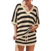 image:imageLILLUSORY Womens Crochet Striped Short Sets Two Piece Summer Vacation Outfits V Neck Knit Beach Cover Ups Lounge PajamasBeige Black Stripe