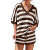 image:imageLILLUSORY Womens Crochet Striped Short Sets Two Piece Summer Vacation Outfits V Neck Knit Beach Cover Ups Lounge PajamasCoffee White Stripe