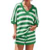 image:imageLILLUSORY Womens Crochet Striped Short Sets Two Piece Summer Vacation Outfits V Neck Knit Beach Cover Ups Lounge PajamasGreen White Stripe