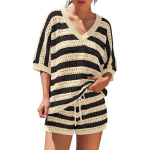 image:imageLILLUSORY Womens Crochet Striped Short Sets Two Piece Summer Vacation Outfits V Neck Knit Beach Cover Ups Lounge PajamasBeige Black Stripe