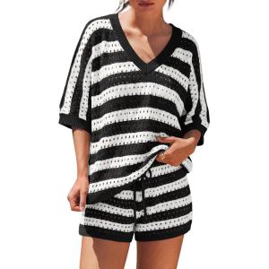 image:imageLILLUSORY Womens Crochet Striped Short Sets Two Piece Summer Vacation Outfits V Neck Knit Beach Cover Ups Lounge PajamasBlack White Stripe