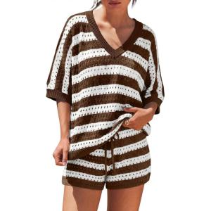 image:imageLILLUSORY Womens Crochet Striped Short Sets Two Piece Summer Vacation Outfits V Neck Knit Beach Cover Ups Lounge PajamasCoffee White Stripe