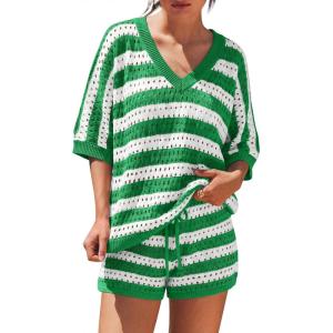 image:imageLILLUSORY Womens Crochet Striped Short Sets Two Piece Summer Vacation Outfits V Neck Knit Beach Cover Ups Lounge PajamasGreen White Stripe
