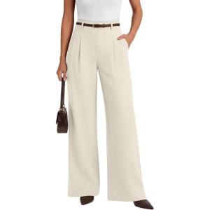 image:imageLILLUSORY Pleated Front High Waisted Dress Pants Light Stretch Wide Leg Button Trousers with PocketsBeige