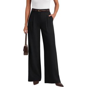 image:imageLILLUSORY Pleated Front High Waisted Dress Pants Light Stretch Wide Leg Button Trousers with PocketsBlack