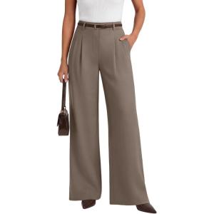 image:imageLILLUSORY Pleated Front High Waisted Dress Pants Light Stretch Wide Leg Button Trousers with PocketsMocha
