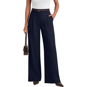 image:imageLILLUSORY Pleated Front High Waisted Dress Pants Light Stretch Wide Leg Button Trousers with PocketsNavy Blue