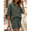image:imageLILLUSORY Women 2 Piece Linen Short Sets 2026 Summer Vacation V Neck Short Sleeve Beach Outfits Oversized Button Cotton PjsArmy Green