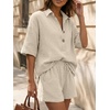 image:imageLILLUSORY Women 2 Piece Linen Short Sets 2026 Summer Vacation V Neck Short Sleeve Beach Outfits Oversized Button Cotton PjsBeige
