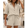 image:imageLILLUSORY Women 2 Piece Linen Short Sets 2026 Summer Vacation V Neck Short Sleeve Beach Outfits Oversized Button Cotton PjsBeige